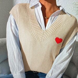 Cream Sweater Vest with Red Heart Accent